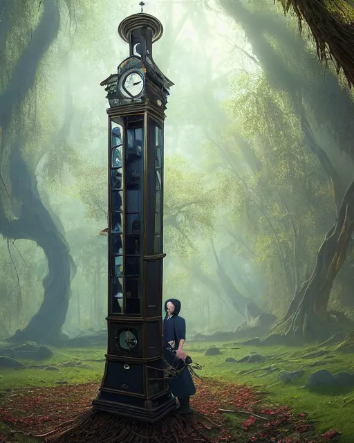 Image similar to highly detailed surreal vfx portrait of a cursed grandfather clock in a shadowy forest by a willow tree, stephen bliss, unreal engine, greg rutkowski, loish, rhads, beeple, makoto shinkai and lois van baarle, ilya kuvshinov, rossdraws, tom bagshaw, alphonse mucha, global illumination, detailed and intricate environment