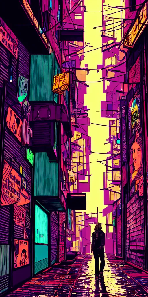 Image similar to person standing in a cyberpunk alley, pop art, markers, rtx, 8 k, ray tracing, highly detailed