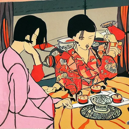 Image similar to Japanese beauty wrapped in a snake having tea with her husband by Toshio Saeki, high detailed