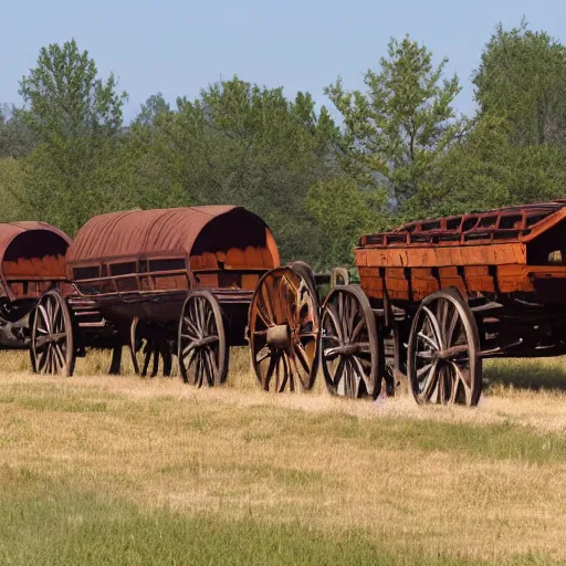 Prompt: a wagon train of eight conestoga wagons