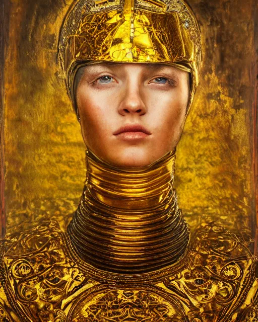 Image similar to encaustic painting portrait of woman in shining golden armor, high production value, intricate details, high resolution, hdr, high definition, masterpiece, realistic, ultrarealistic, highly detailed, hd, sharp focus, non blurry, sharp, smooth