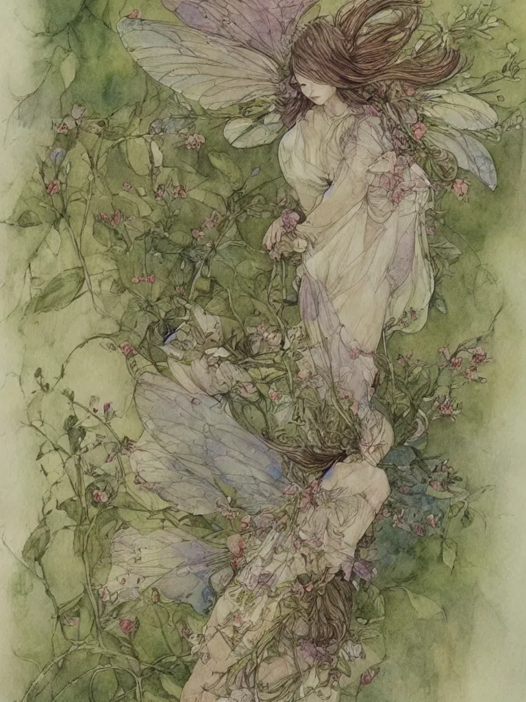 Image similar to annotated study of a flower fairy, illustration, watercolor, alan lee, detailed, pretty, ethereal,