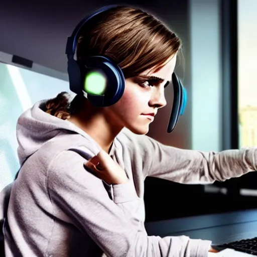 Image similar to emma watson rgb keyboard wearing a gaming headset wearing hoodie sitting on gaming chair dramatic lighting from monitor light from gaming monitor in gaming room holding gaming controller