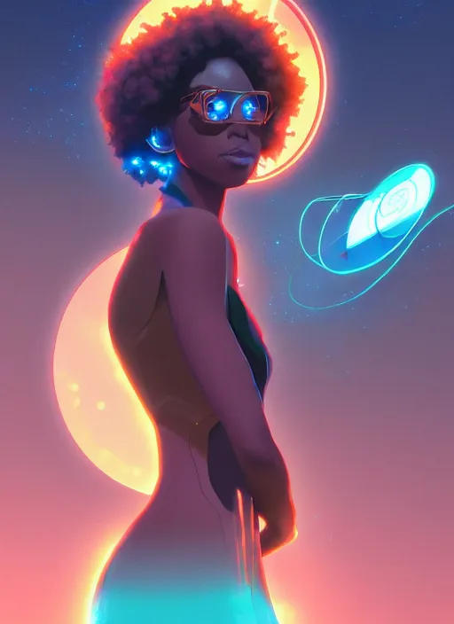 Image similar to afro - futurist scientist in a lab studying holographic schematics + medium length shot | hyperrealistic digital painting by makoto shinkai, ilya kuvshinov, lois van baarle, rossdraws | afrofuturism, in the style of hearthstone, trending on artstation | blue palette