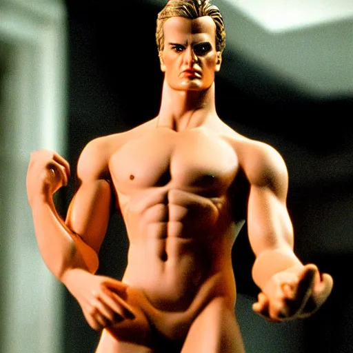 Prompt: greek statue of Ken doll in American Psycho (1999)