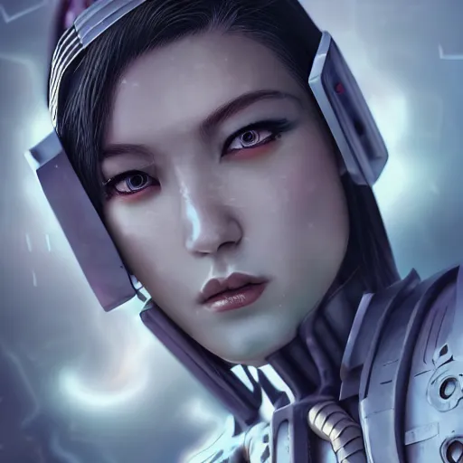 Image similar to An epic fantastic realism comic book style portrait painting of a female cyber warrior, dieselpunk armor, korean girl, white hair, porcelain pale skin, cyberpunk color raining tokyo everywhere, Concept world Art, unreal 5, DAZ, hyperrealistic, octane render, cosplay, RPG portrait, dynamic lighting