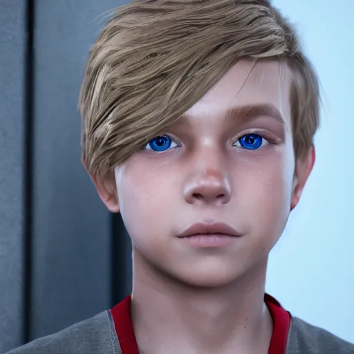 Image similar to a detailed full body of boy with blonde hair and blue eyes, unreal engine 5 rendered, incredibly highly detailed and realistic, 8 k, sharp focus, studio quality