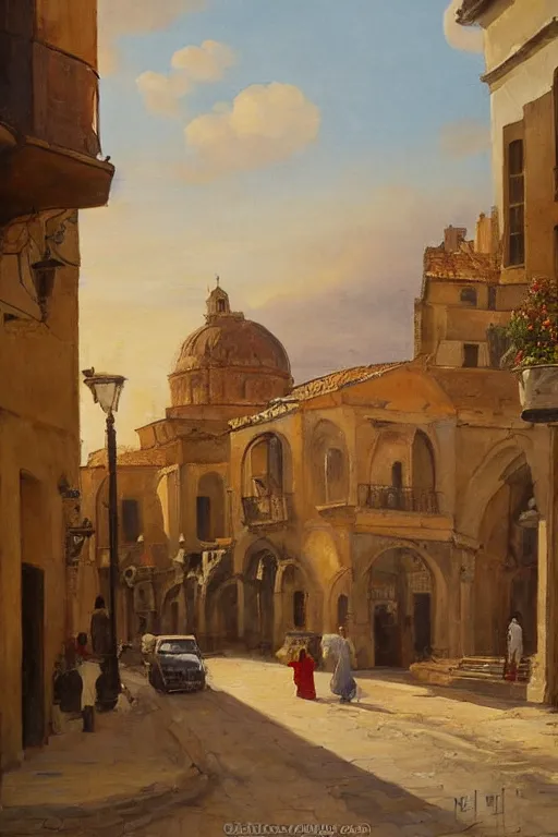 Image similar to painting of view of old European city with mix of middle eastern architecture fusion, photoreal, sunset light, painting by Charles Leickert , old master painting