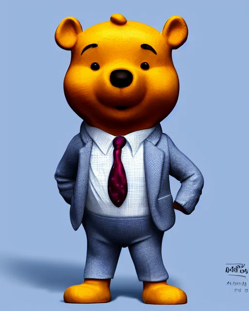 Prompt: full body 3d render of winnie-the-pooh wearing a suit as a funko pop, studio lighting, white background, blender, trending on artstation, 8k, highly detailed