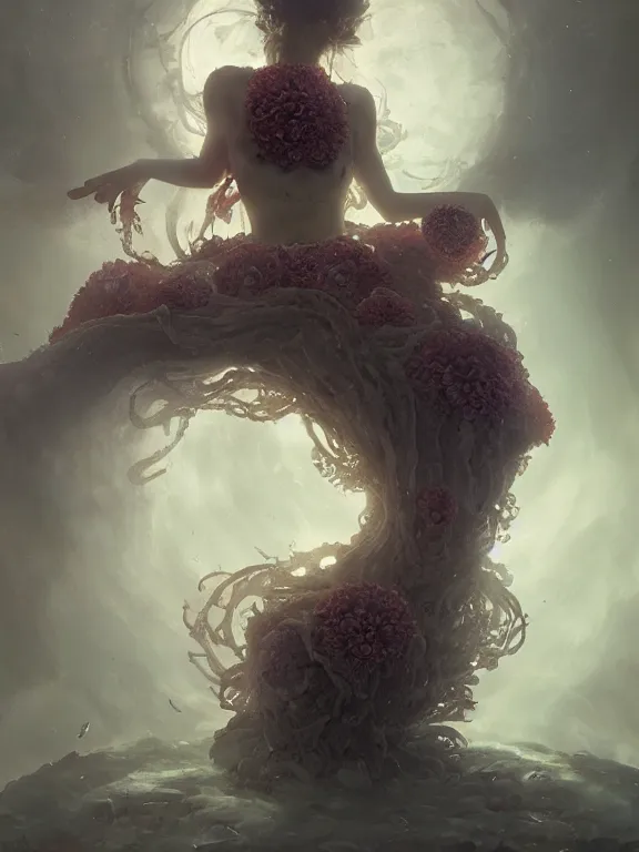 Image similar to a fancy portrait of a giant floating flower and jellyfish by Greg Rutkowski, Sung Choi, Mitchell Mohrhauser, Maciej Kuciara, Johnson Ting, Maxim Verehin, Peter Konig, Bloodborne , 8k photorealistic, cinematic lighting, HD, high details, atmospheric , trending on artstation