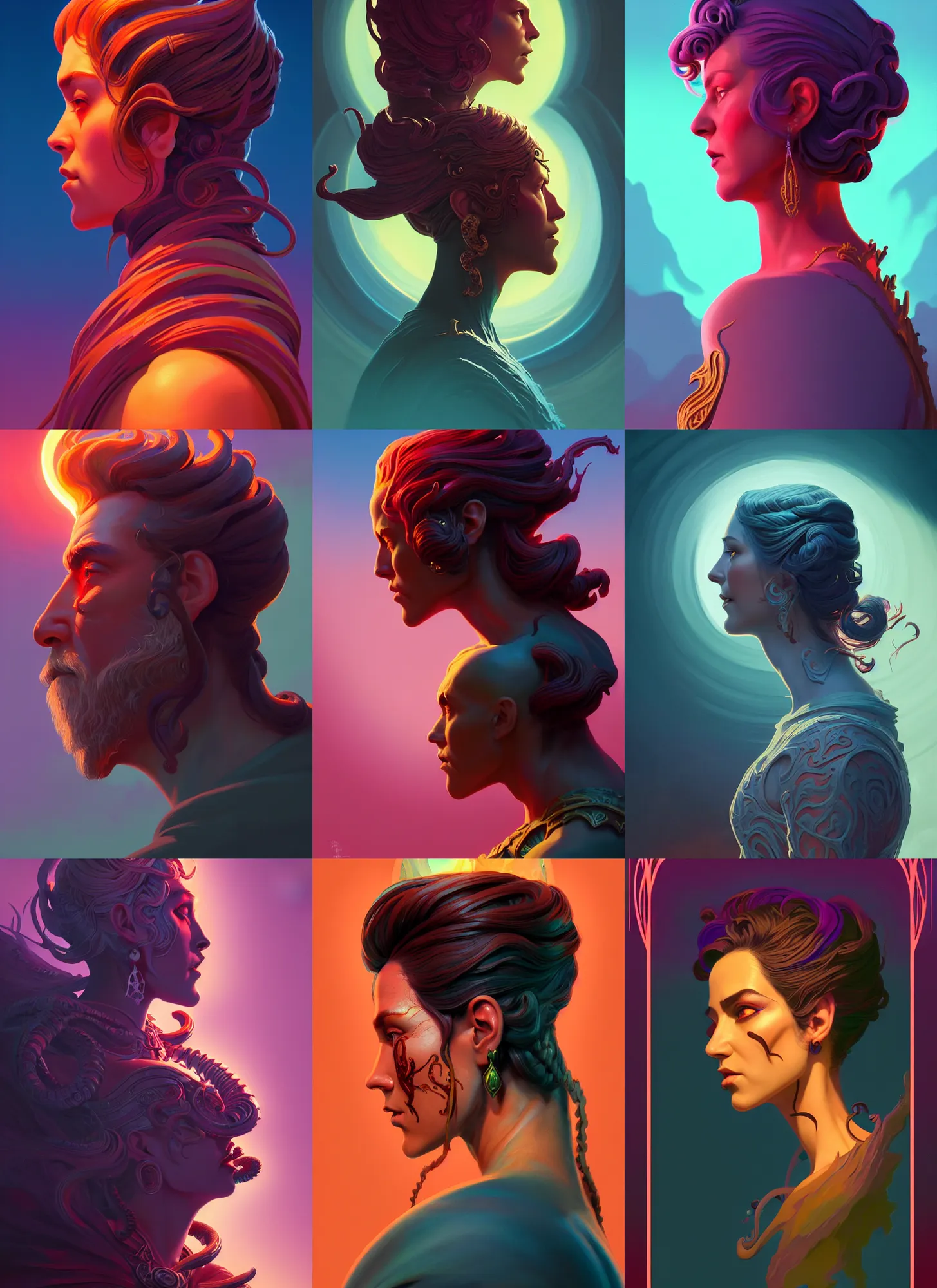 Prompt: side profile centered painted portrait, Elder god of the hunt, D&D, Gloomhaven, matte painting concept art, art nouveau, beautifully backlit, swirly vibrant color lines, fantastically gaudy, aesthetic octane render, 8K HD Resolution, by ilya kuvshinov and Cushart Krentz and Gilleard James