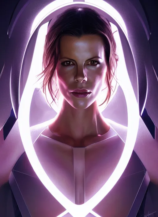 Image similar to symmetry!! portrait of kate beckinsale, sci - fi, tech wear, glowing lights!! intricate, elegant, highly detailed, digital painting, artstation, concept art, smooth, sharp focus, illustration, art by artgerm and greg rutkowski and alphonse mucha