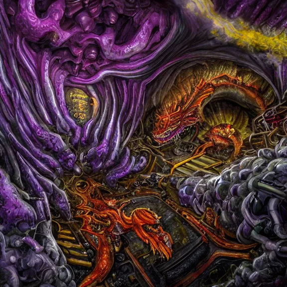 Image similar to detailed shot of inside a cavernous living stomach of a giant hot robot dragon, the walls purple and pulsing, lots of acid pooling up on the floor, digesting and dissolving a human that ended up inside, food pov, micro pov, vore, digital art, furry art, high quality, 8k 3D realistic, macro art, micro art, Furaffinity, Deviantart, Eka's Portal, G6