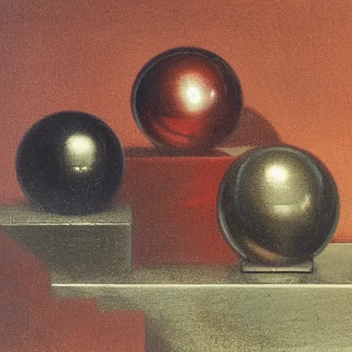 Prompt: chrome spheres on a red cube by carl gustav carus