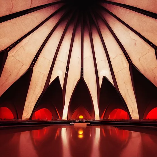 Prompt: eerie dark interior of a futuristic lotus temple with gold, red and white marble panels, shafts of sunlight in the centre, in the desert, by buckminster fuller and syd mead, intricate contemporary architecture with art nouveau motifs, photo journalism, photography, cinematic, national geographic photoshoot