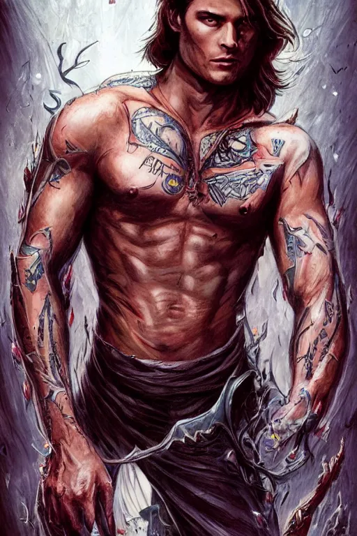 Image similar to romance book illustration style, front portrait of attractive sam winchester as an ann rice vampire, clothes torn apart, muscular chest tattooed with runes and symbols, d & d!, fantasy style, sharp focus!, ultra detailed, art by artgerm and peter andrew jones, wlop