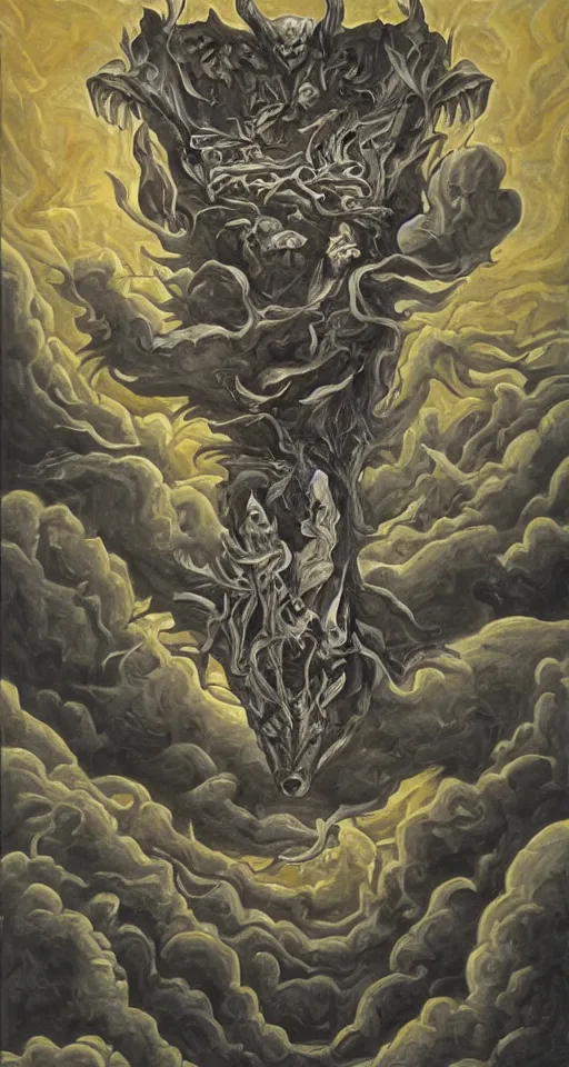 Image similar to escher oil painting of a wolf god of thunder, apocalyptic