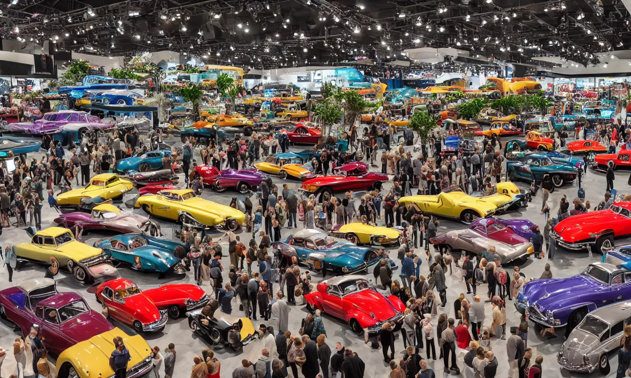 Image similar to exhibition hall full of restomods cars, plants and observing crowd people, high detail, colorful image, small features, from new movie by digital domain and weta digital, strong ambient occlusion