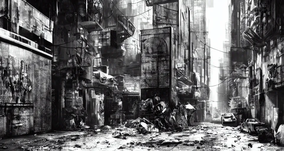 Image similar to a cinematic still frame of an alleyway in a futuristic dystopian city, littered with garbage, cold lighting, brutalist architecture, damp, cityscape, vanishing point perspective