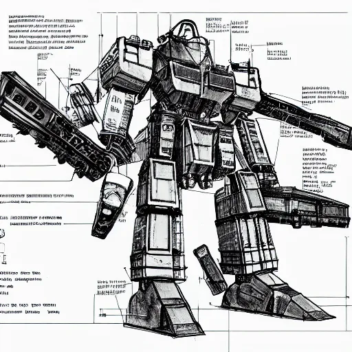 Prompt: technical drawing of an armored core
