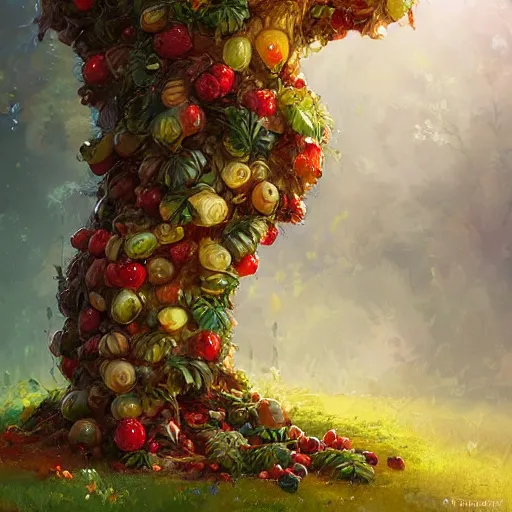 Image similar to tree made of fruits, by stanley artgerm lau, wlop, rossdraws, james jean, andrei riabovitchev, marc simonetti, yoshitaka amano, artstation, cgsociety