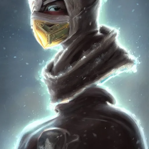 Image similar to a fantasy snow bandit from ‘ icewind dale ’ with a mask on, frost gem, ice, ‘ icewind dale 2 ’ profile portrait by ‘ justin sweet ’, falling snow, soft focus, illustrated, oil paint, artstation