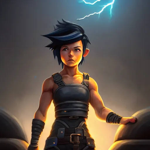 Prompt: muscular female gnome engineer, short black hair, blasting lightning from metal gauntlet, standing on a ship deck, full body portrait, d & d, piercing stare, extremely detailed, 8 k, digital painting, artstation, great composition, concept art, matte, sharp focus, illustration, artgerm, greg rutkowski