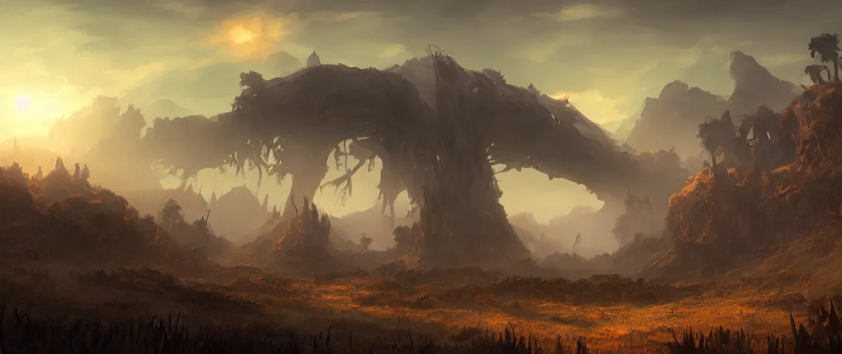 Image similar to digital painting concept art of a landscape with a huge skeleton in it, highly detailed, in the style of horizon forbidden west , landscape painting, volumetric lighting, Matte painting, trending on artstation, day time, godrays