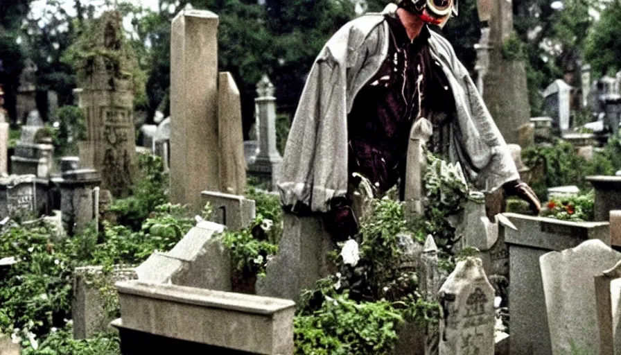 Prompt: 80s movie by James Cameron about a overgrown cemetery where a lavishly dressed necromancer priest in a gas mask