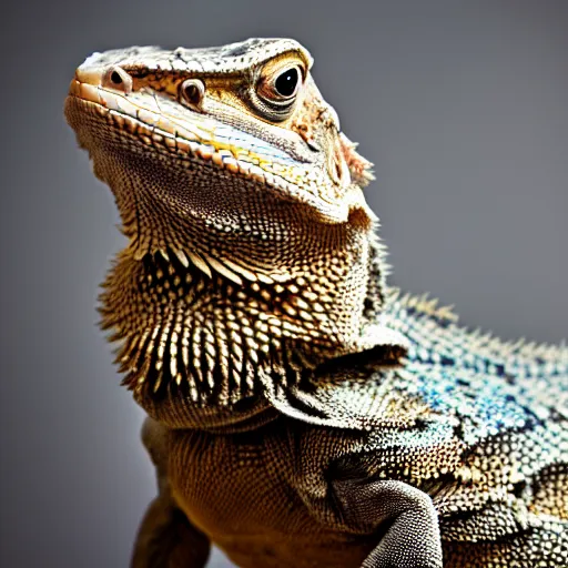 Prompt: macro photo of a bearded dragon wearing a tuxedo