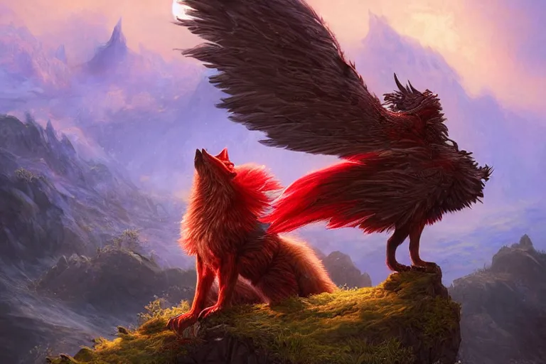 Image similar to Red feathered wolf with wings on a beautiful fantasy landscape, hills, mountains, moonlit, HD, illustration, epic, D&D, fantasy, intricate, elegant, highly detailed, digital painting, artstation, concept art, smooth, sharp focus, illustration, art by artgerm and greg rutkowski and alphonse mucha