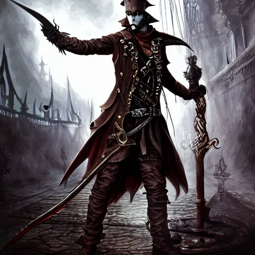 Prompt: Magic the gathering card of Male Victorian Gothic Pirate, hd, intricate, bloodborne, 8k, digital art