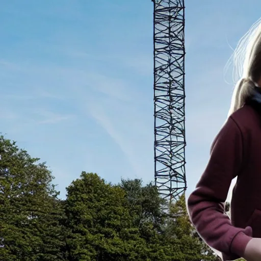 Image similar to photo of greta thunberg being chased by man with short brown curly hair at the top of a very tall tower