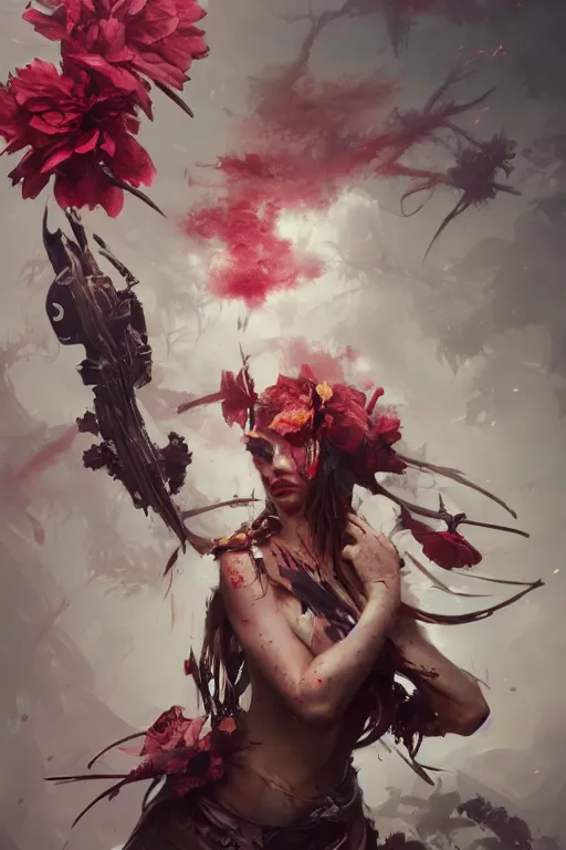 Prompt: abstract beautiful girl predator covered with blood, 3 d render, hyper realistic detailed portrait, holding magic flowers, ruan jia, wlop. scifi, fantasy, hyper detailed, octane render, concept art, by peter mohrbacher, by wlop, by ruan jia