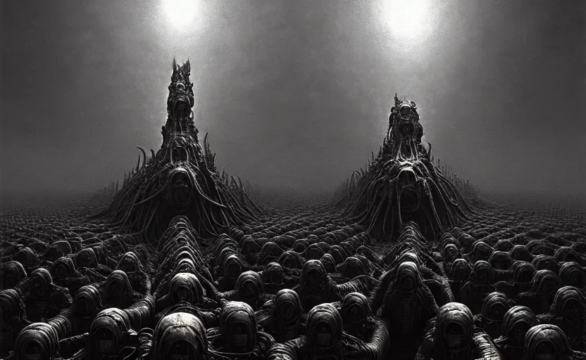 Image similar to cyborg army invading hell by hr giger and zdzisław beksinski, fine details, digital art, volumetric lighting, cinematic light, photorealistic