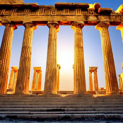 Prompt: beautiful greek temple made of black marble with gold trim, award winning photograph at sunrise