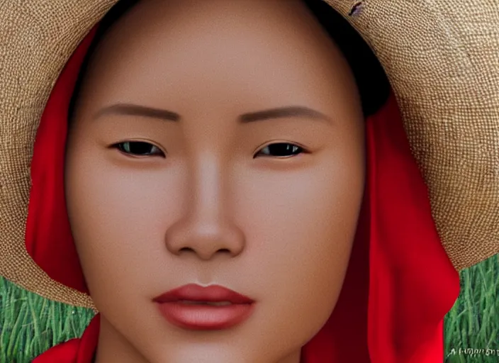 Image similar to realistic portrait photorealistic, background in the rice fields. indonesian woman in clothes made of rice straw, wearing a red and white bandana. fine art, trending on artstation, smooth draw, sharp focus, good lighting, no anomalies.