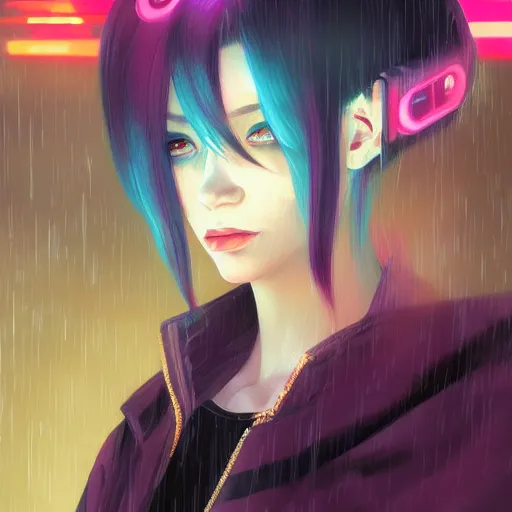 Image similar to a beautiful painting artwork portrait of jinx on a rainy night, cyberpunk, by ilya kuvshinov featured on artstation