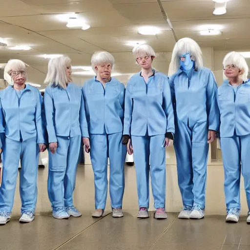 Image similar to troop 1 2 0 - year - old grannies with white bob hairdos, tight light blue neopren suits, futuristic cloning facility, sci - fi, highly detailed, cinematic