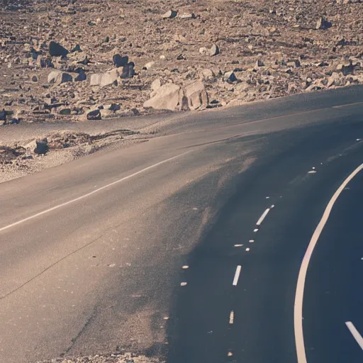 Prompt: parts of the moon are blocking the highway, cinematic, professional photographer