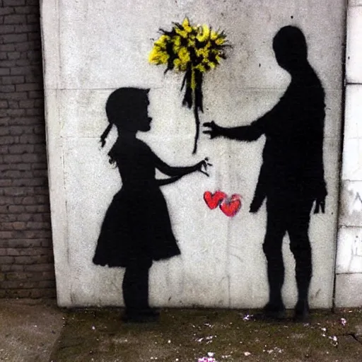 Prompt: a young girl giving flowers to a poor man by Banksy