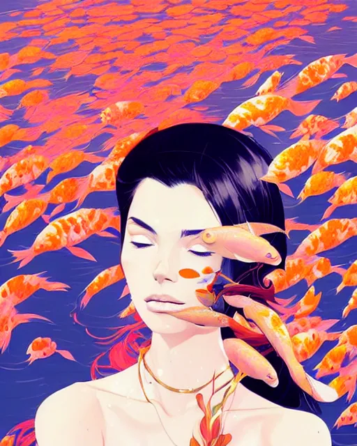 Image similar to a ultradetailed beautiful panting of a stylish woman surrounded by floating koi fish, by conrad roset, greg rutkowski and makoto shinkai, trending on artstation