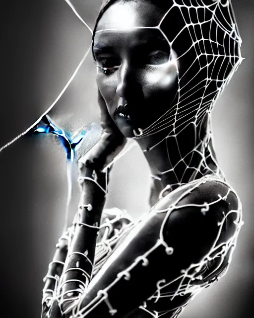 Image similar to black and white cyborg-plant goddess high quality photo, artificial intelligence, bio-mechanical bio-luminescence, artificial complex spider web, neurons, nerve cells, octane render, cinematic, rim light, hyper realism, photo-realistic, high detail, 8k, in the style of Steven Meisel and Dora Maar and H.G. Giger