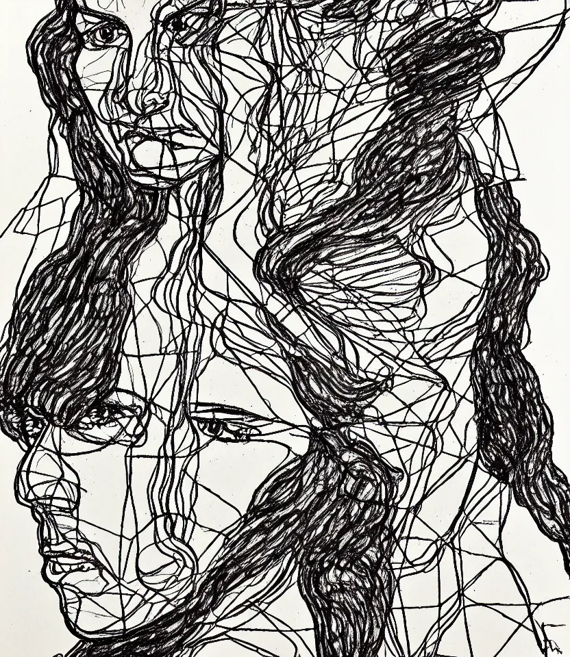 Prompt: line art portrait of wagner inspired by egon schiele. contour lines, twirls and curves, musicality, rapid sketch