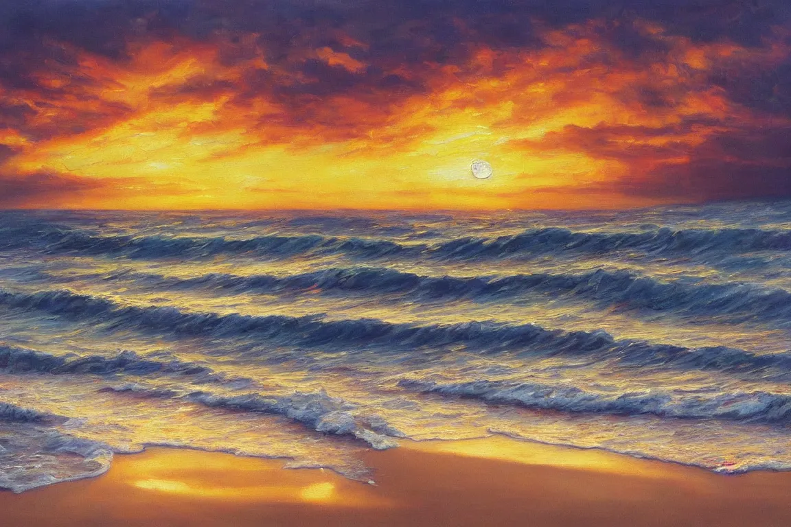 Prompt: popular decorative art oil painting with contrasting composition, sunset with sea waves on beach, millennium