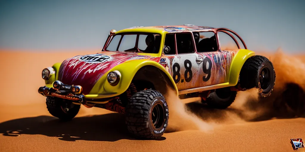 Image similar to Hot Wheels, VW BAJA BUG, trophy truck, cinematic, Maxxis, 8k, depth of field, mexican desert, bokeh, DAKAR.