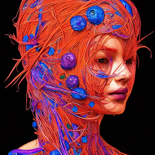 Image similar to the head of an extremely beautiful woman partially made of carrots and blueberries, an ultrafine detailed illustration by james jean, final fantasy, intricate linework, bright colors, behance contest winner, vanitas, angular, altermodern, unreal engine 5 highly rendered, global illumination, radiant light, detailed and intricate environment