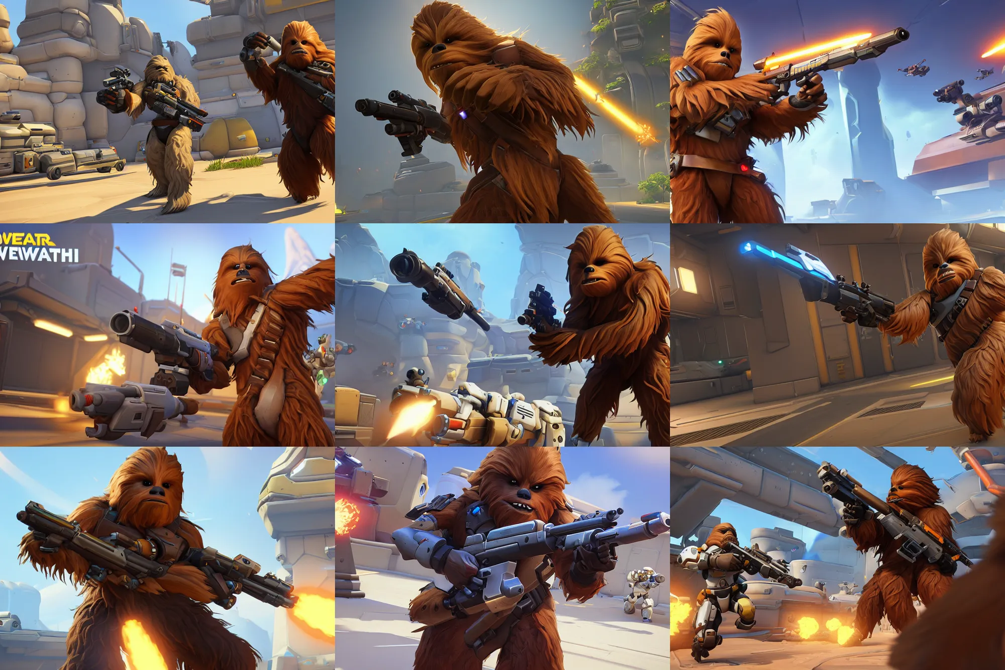 Prompt: a promotional gameplay screenshot of chewbacca in the video game overwatch. 3 d rendering. very detailed