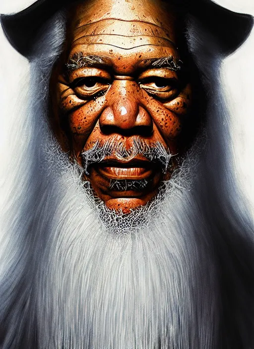 Image similar to portrait of morgan freeman as evil saurman the white, long white hair and white beard, long white robes, by alan lee, lord of the rings, smooth, oil painting, matte painting, concept art, trending on artstation, promotional artwork, film still, elegant, photorealistic facial features, intricate, detailed face, cinematic lighting