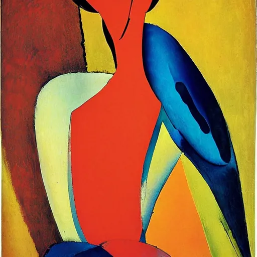 Image similar to by amedeo modigliani funereal, distorted. a beautiful print of a large, colorful bird with a long, sweeping tail. the bird is surrounded by swirling lines & geometric shapes in a variety of colors